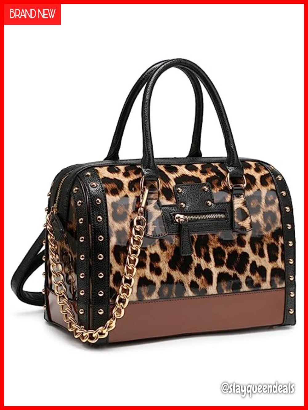 Women's Shiny Patent Faux Leather Barrel Satchel Handbag with Rivets, Top